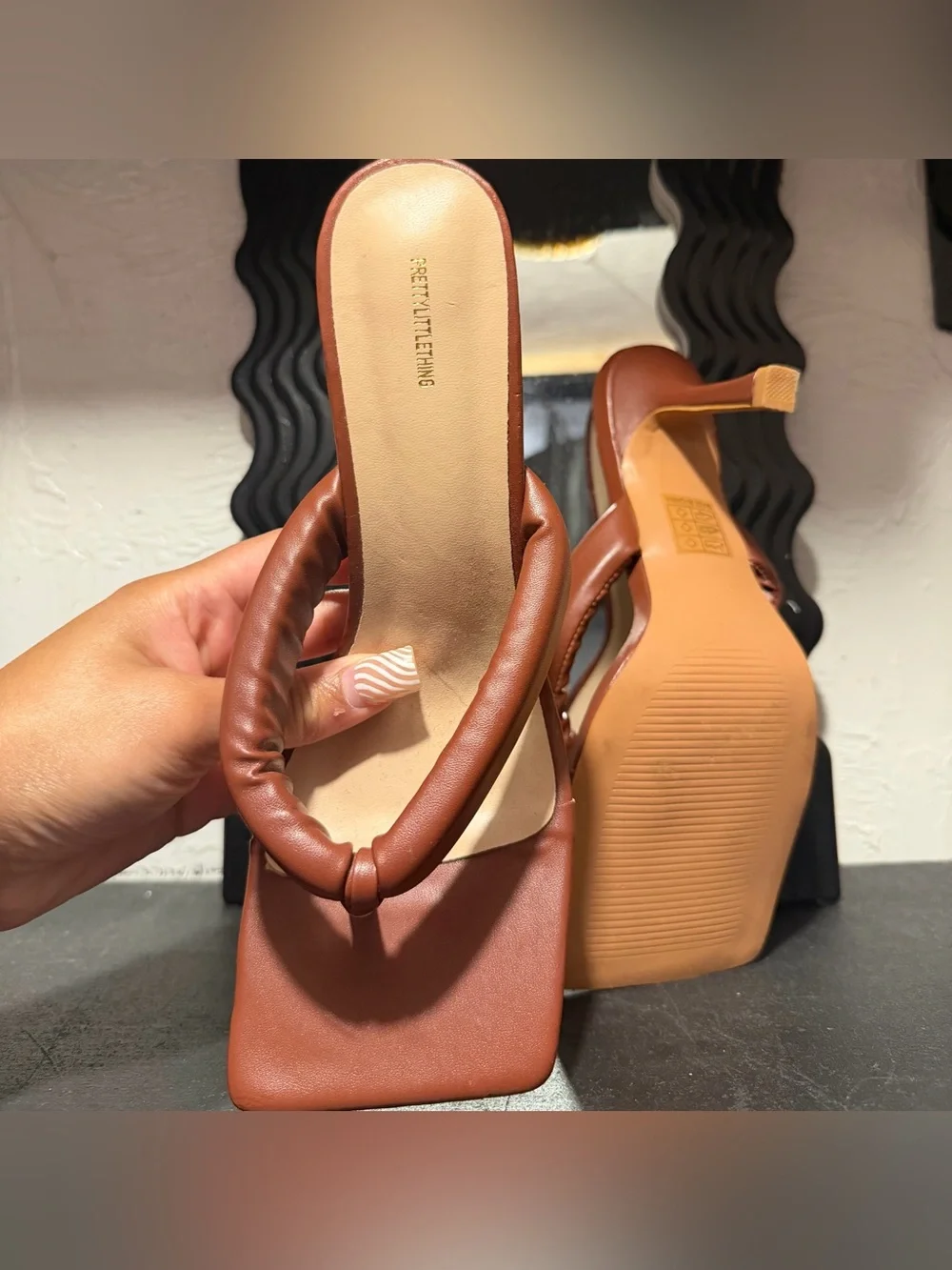 PrettyLittleThing Brown Square-Toe Heeled Thong Sandals